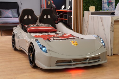 Grey twin race car bed - car,