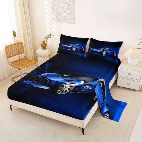 Sports car bed - sheets, blue